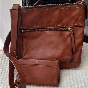 Fossil Tan Leather Crossbody Bag and Wallet